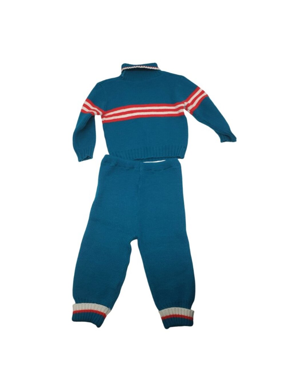 Vintage Toddler Baby Teal Knit Football Knit Sweater Pants Beanie Hat 70s Retro - Picture 12 of 15